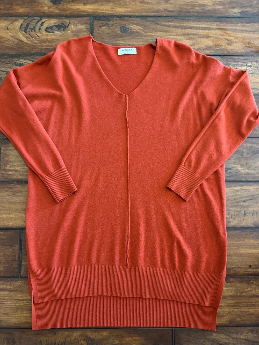 Zenana Outfitters NWOT Rust V-Neck Sweater with Side Slits-Front Exposed Seam